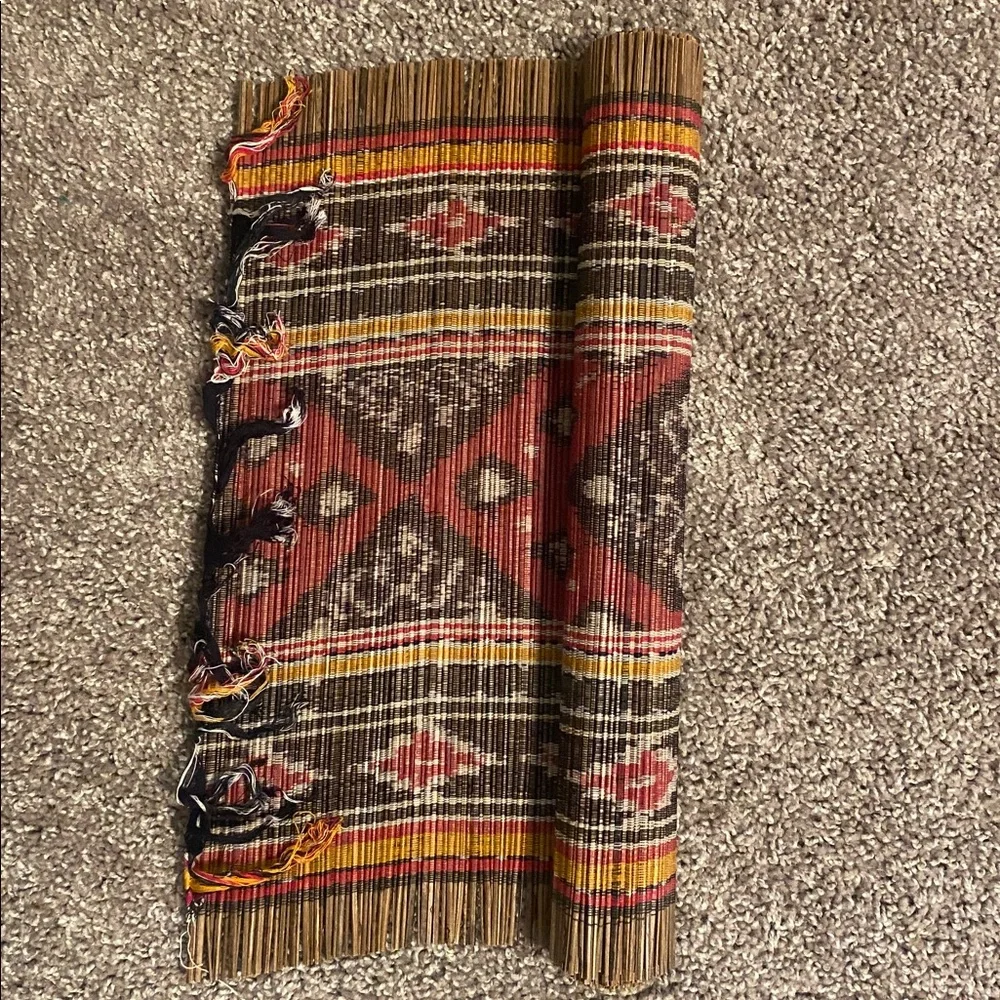 Ethnic Straw Table Runner with Red Mustard Black White Design